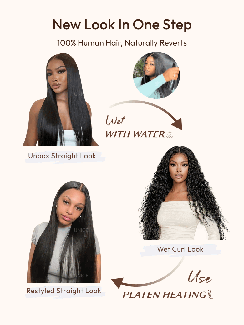 wet and wavy glueless no slip wig: how to transition from unbox straight to wet curl look and restyle with heat.