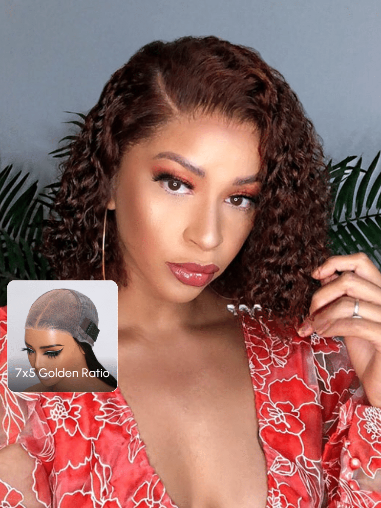 Bye-Bye Knots Lace Frontal Side Part Wig Reddish Brown Short Curly Bob Wig