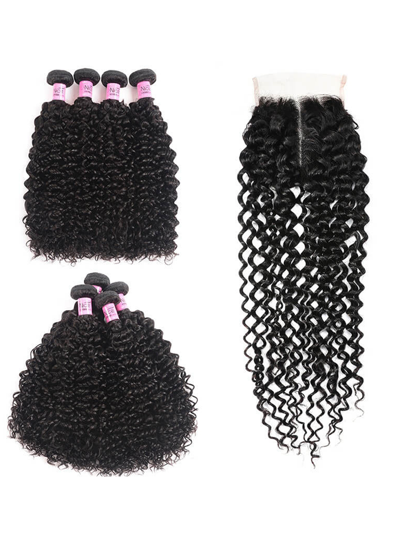 Jerry Curly Hair 4 Bundles with Upgrade T Part Closure Middle Part Virgin Hair for Women