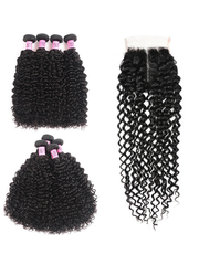 Jerry Curly Hair 4 Bundles with Upgrade T Part Closure Middle Part Virgin Hair for Women
