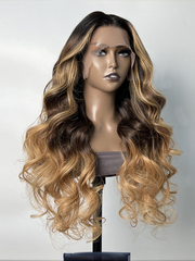 From 22" 180% Density 13x4 Lace Front Black With Golden Blonde Highlights Beyon-Celebrity Style Loose Wave Ombre Wig