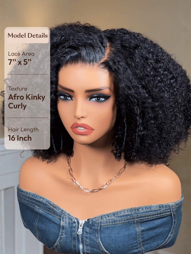 7x5 Lace Bye Bye Knots Glueless Wig Black Kinky Curly Wig With 4C Baby Hair 150% Density Drawstring Wig