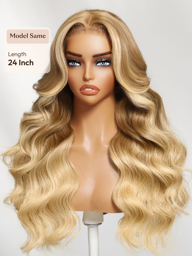 13x4 Pre-Everything? Lace Frontal Golden Blond Loose Body Wave Face Framing Layers Drawstring Wig