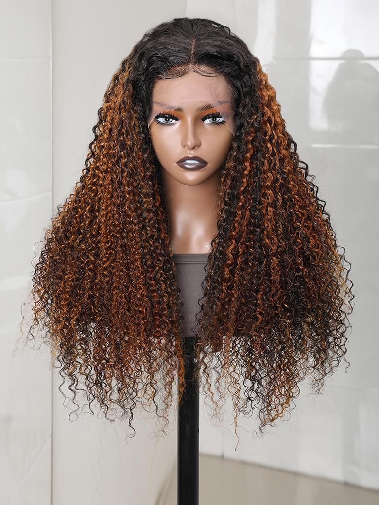 13x4 Lace Frontal Dark Brown Balayage Highlights Jerry Curly 13x4 Lace Wig 150% Density
