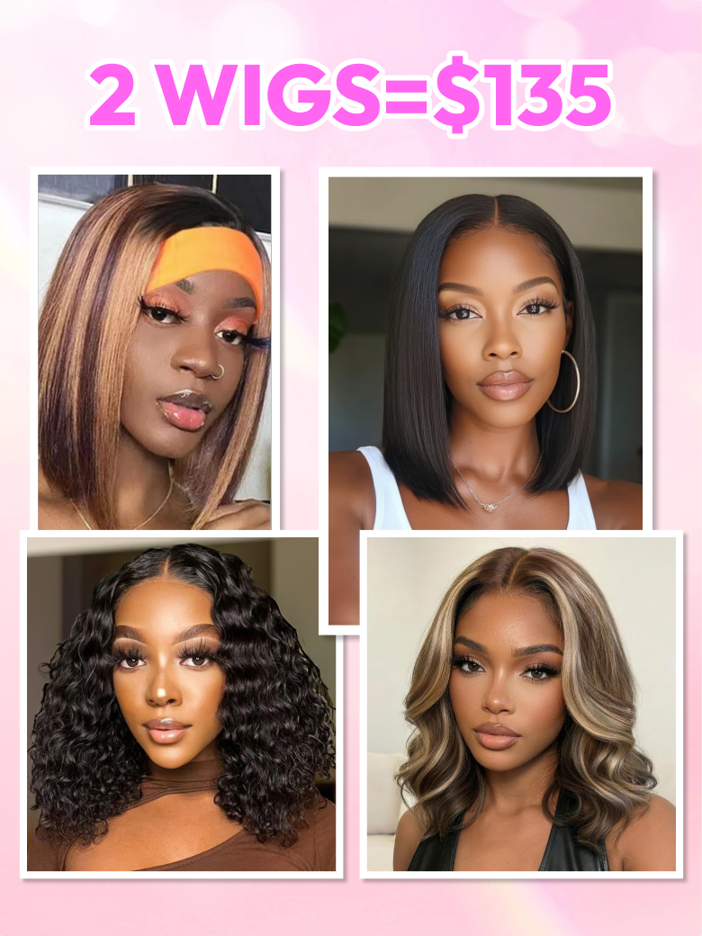 2 Wigs $79 | For 250% Density Jerry Curly V Part Wig 14" And Bob Wig With Bangs 10"
