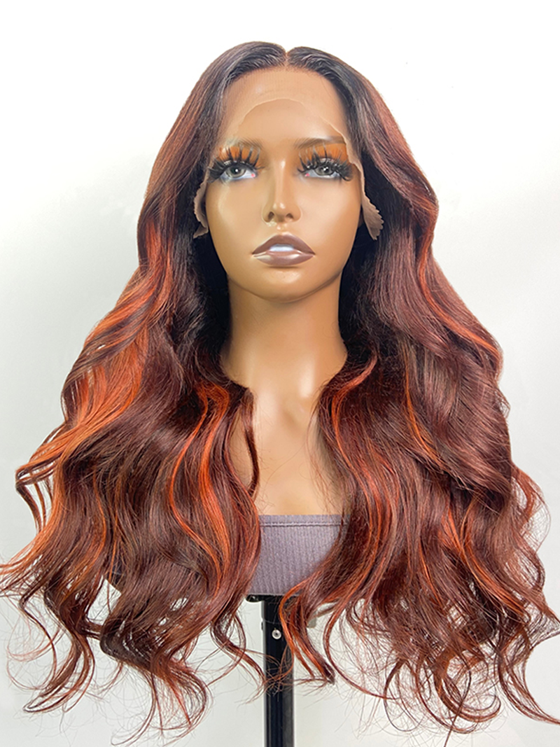 24 Inch 180% Density 13x4 Frontal Auburn Brown with Ginger Highlights Body Wave Wig