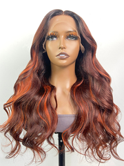 24 Inch 180% Density 13x4 Frontal Auburn Brown with Ginger Highlights Body Wave Wig