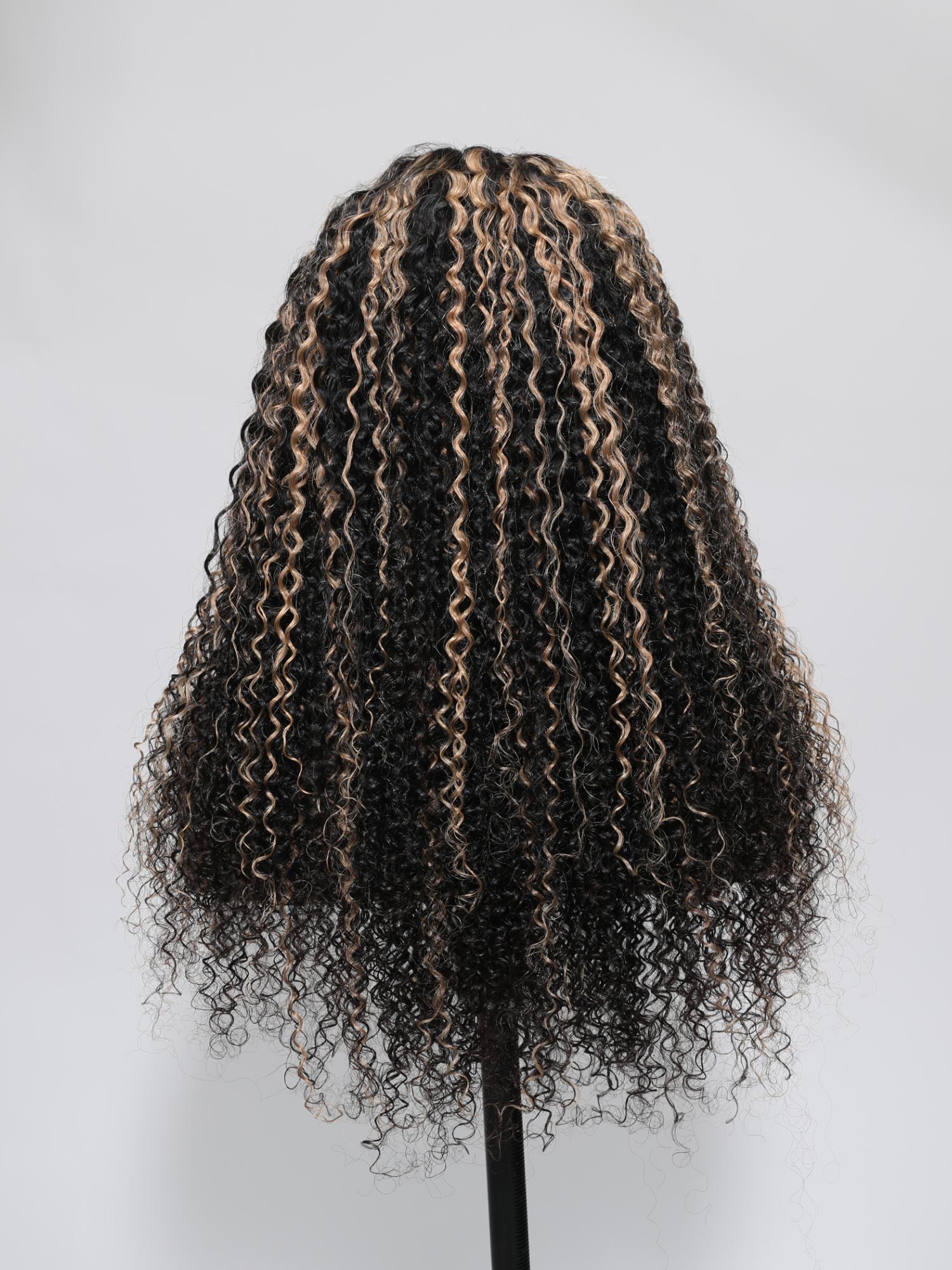 13x4 Lace Front Black Curly Wig With Blonde Piano Highlights