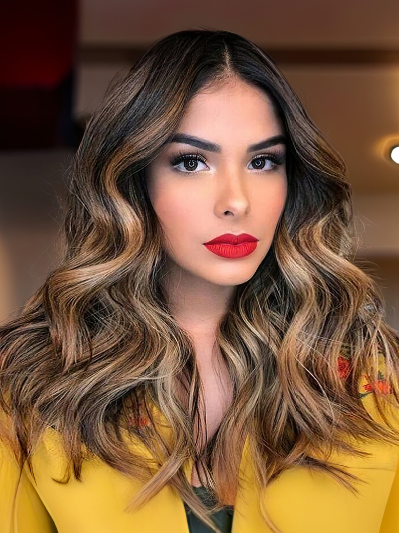 Dark Roots Brown with Honey Blonde Highlights Wavy Wig