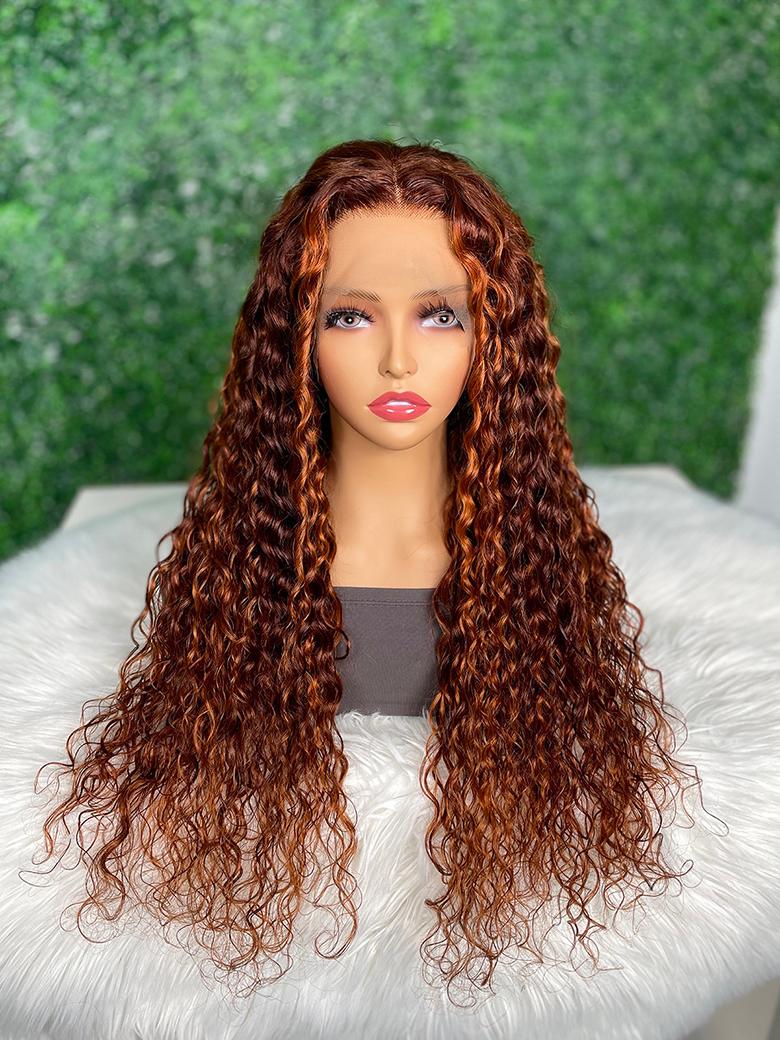 [24"=$149] 13x4 Lace Front Ginger Brown Highlighted Water Wave 150% Density Wig