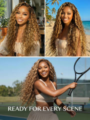 Woman wearing a honey blonde curly highlight no slip wig in various settings: dining, at the beach, and playing tennis.