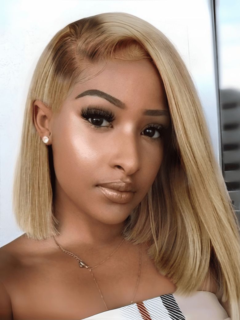 7x5 Bye-Bye Slip Blonde with Brown Roots Side Part Blunt Bob Drawstring Wig 150% destiny