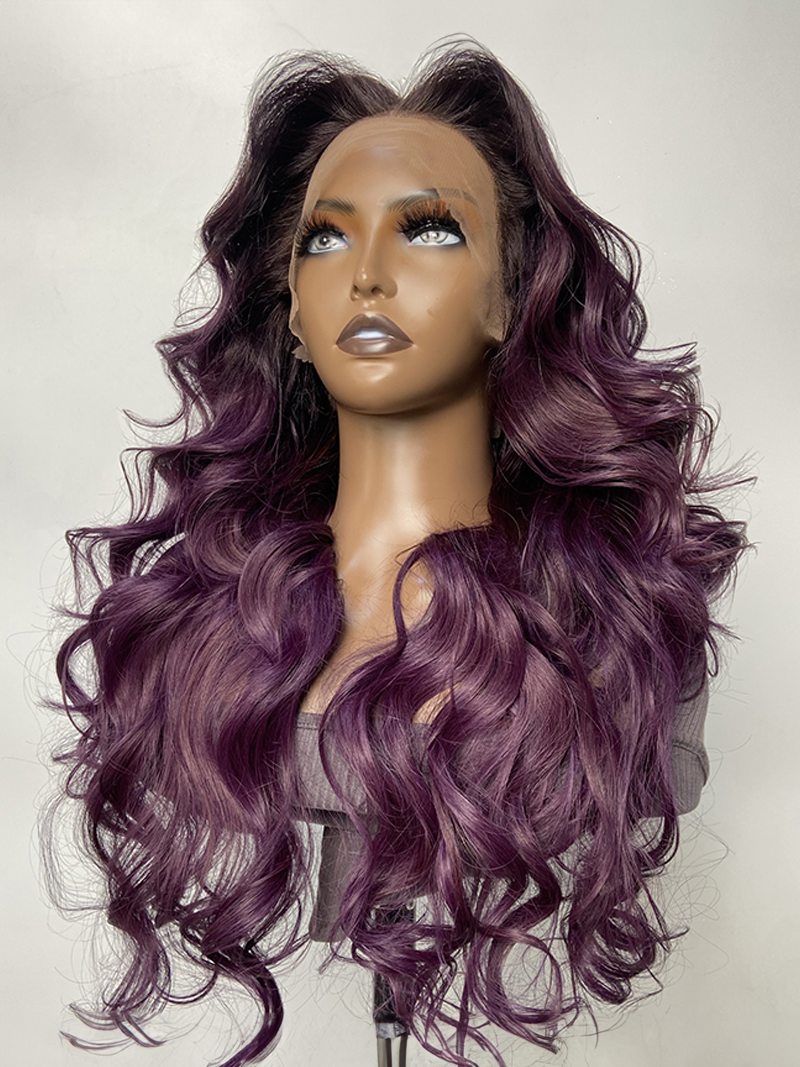 [13x4 Lace=$69] 13x4 Lace Ombre Smokey Deep Purple Black Root Frontal Body Wave Wig