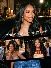 Long body wave black glueless wig styled for prom, birthday, and formal night scenes on a smiling model.