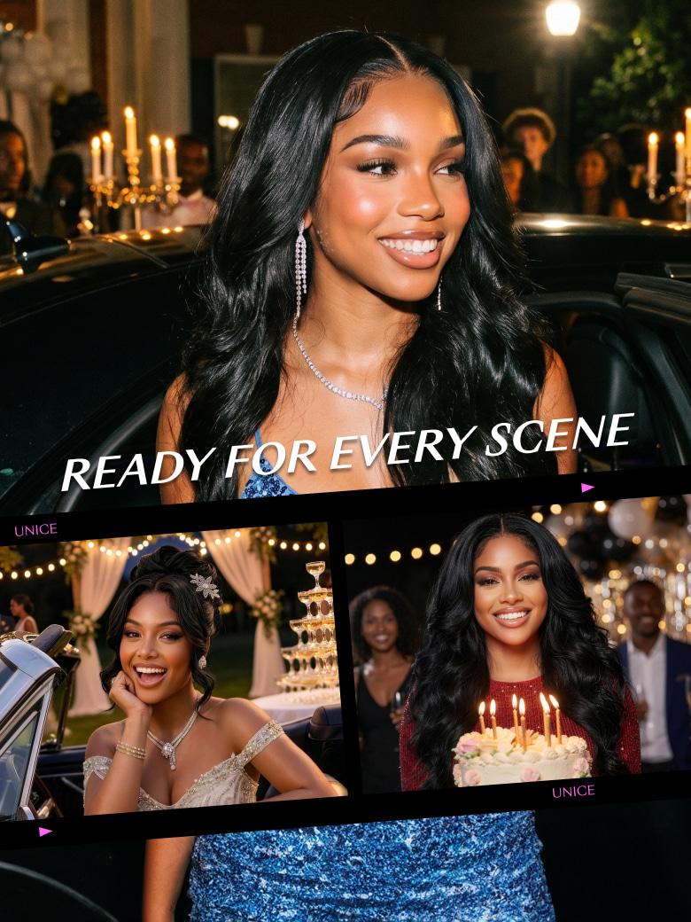 Long body wave black glueless wig styled for prom, birthday, and formal night scenes on a smiling model.