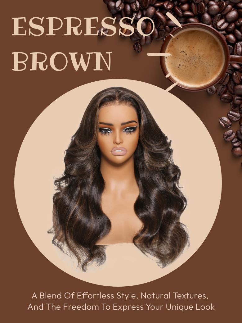 13x4 Pre-Everything Lace Front Wig Espresso Brown With Highlights Loose Wave 150% Density