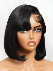 13x4 Pre-Everything? Lace Frontal Natural Black Side Part Bob Drawstring Wig With Side-Swept Bangs