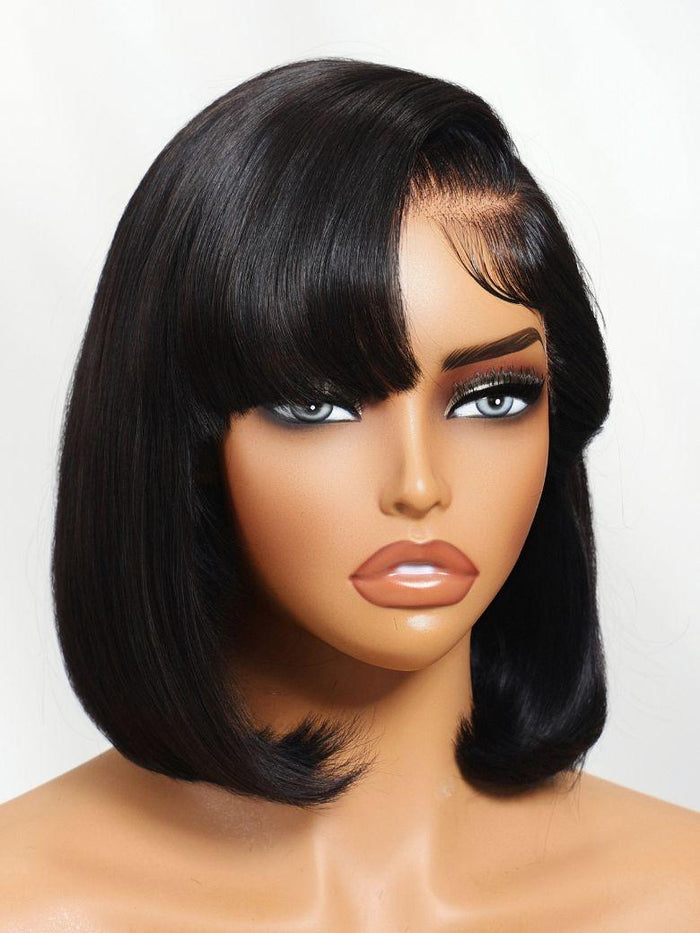 Petaluxe 13x4 Pre-Everything? Lace Frontal Natural Black Side Part Bob Drawstring Wig With Side-Swept Bangs