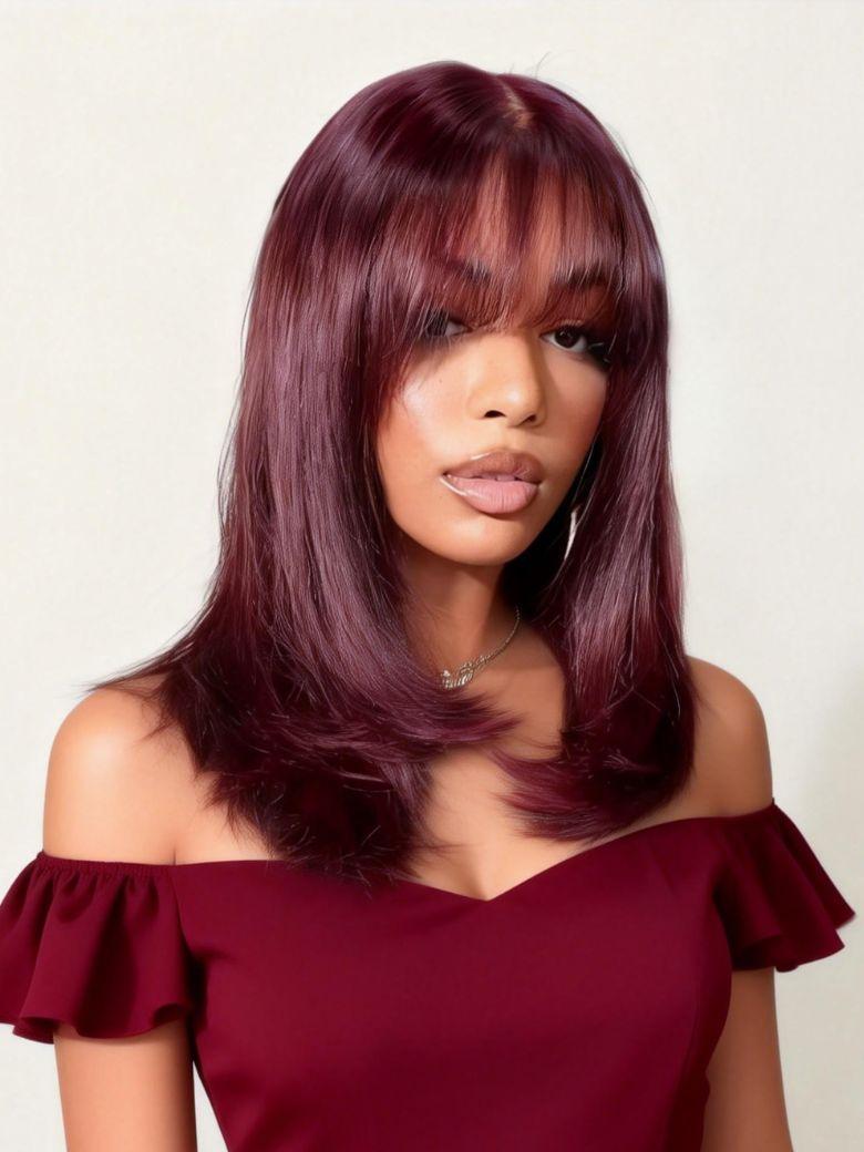 100% Human Hair Black Cherry Bye-Bye Knots? 7x5 Lace Glueless Bob Drawstring Layer Straight Wig