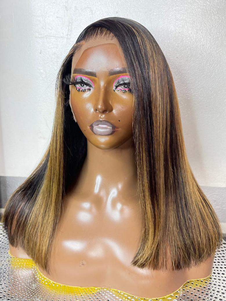 13x4 Lace Front Black With Medium Auburn Brown Highlights Loose Wave Shoulder Length Wig