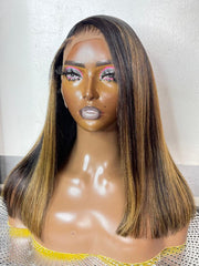 13x4 Lace Front Black With Medium Auburn Brown Highlights Loose Wave Shoulder Length Wig