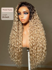13x4 Bye Bye Slip? Lace Frontal Light Blonde With Dark Roots Glueless Water Wave Side Part Wig with Invisi Drawstring