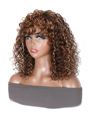 Highlight Brown Glueless Deep Wave Honey Blonde Wig with Bangs