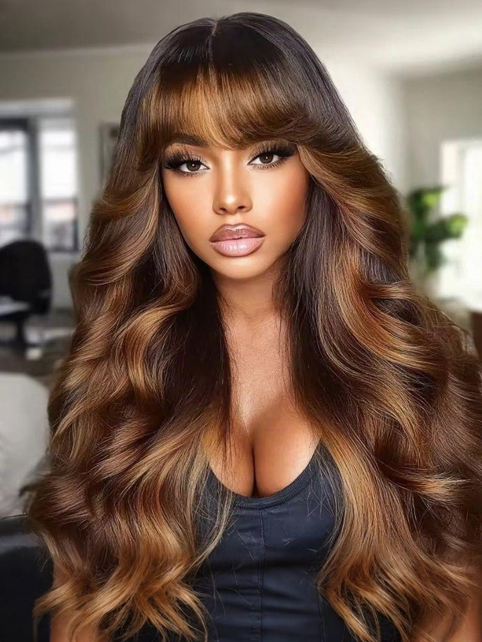 Petaluxe [18''=$89]7x5 Black Brown Money Piece Fluffy Loose Wave Curtain Bangs Wig