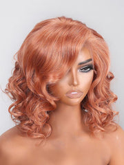 13x4 Lace Front Strawberry Brown Short Wavy Wig With Side Bangs