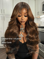 [18''=$89]7x5 Black Brown Money Piece Fluffy Loose Wave Curtain Bangs Wig
