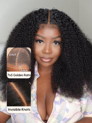 [22"/180% Density=$135] Bye Bye Knots Wig 7x5 Glueless Lace Black Kinky Curly Wig With Bleached Knots
