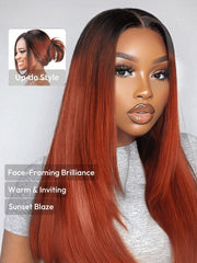 Bye-Bye Knots 7x5 Lace Burnt Orange with Dark Roots Layered Straight Wig