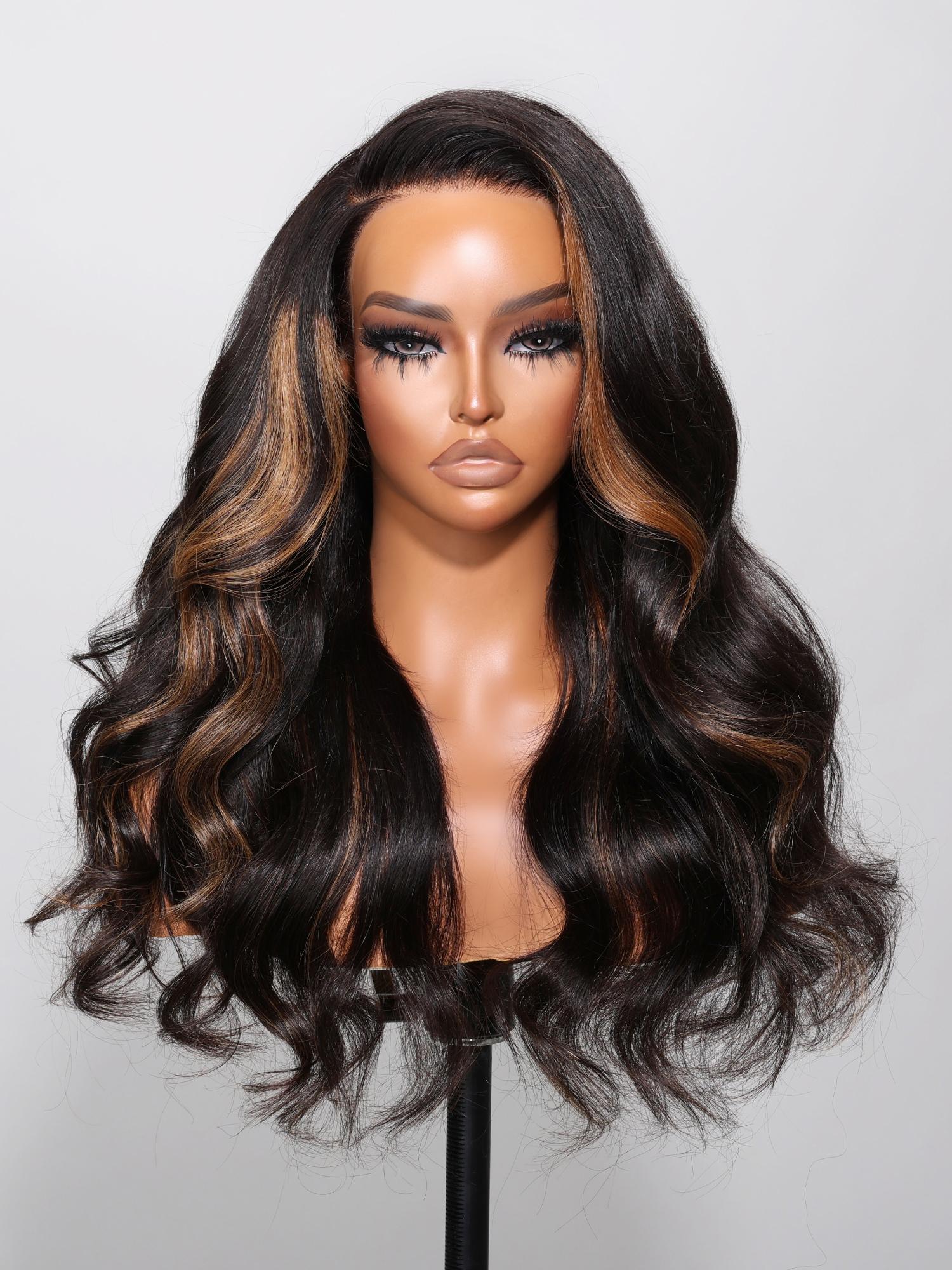 13x4 Lace Front Black Hair With Brown Skunk Stripe Highlights Loose Wave Wig