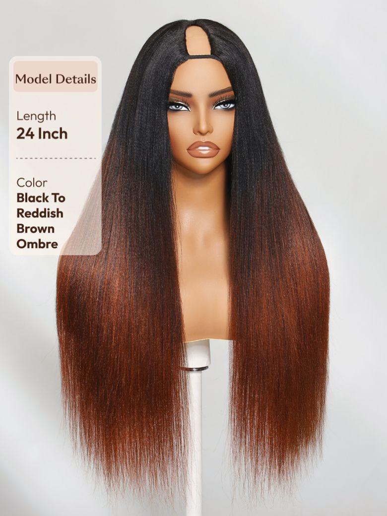 [18"=$99] EasiContour™ V Part Glueless Yaki Straight Natural Black Wig With Invisi Drawstring 100% Human Hair 180% Density