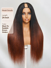 [18"=$99] EasiContour™ V Part Glueless Yaki Straight Natural Black Wig With Invisi Drawstring 100% Human Hair 180% Density
