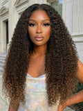 Petaluxe 13x4 & 7x5  Bye Bye Slip? Lace Frontal Brown with Caramel Highlights Jerry Curly Glueless Wig with Invisi Drawstring