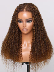 200% Density 7x5 Glueless Bye Bye Knots Lace Highlight Piano Brown Kinky Curly Wig with Baby Hair