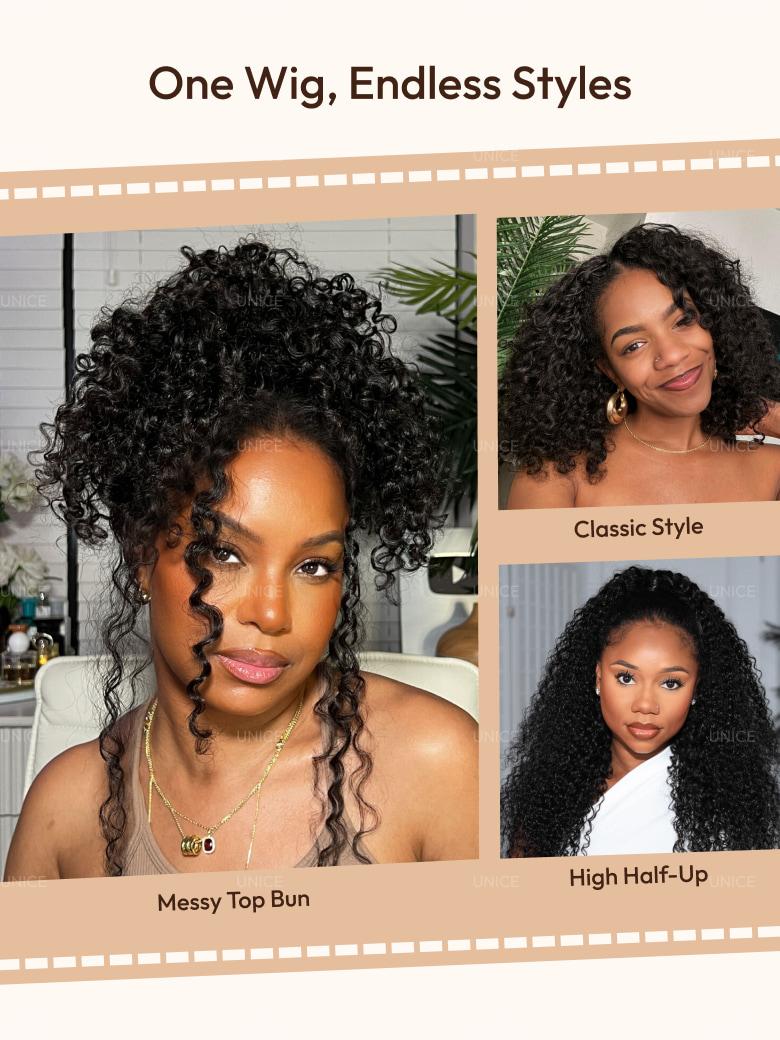 InvisiBlend™ V part Jerry Curly Wig With Invisi Drawstring 100% Human Hair Minimal Leave Out Protect Your Natural Hair 180% Density