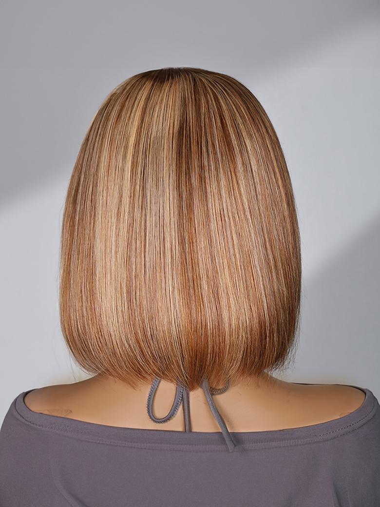 4x0.75 Lace Part Honey Blonde Highlights Straight Bob Wig With Wispy Bangs