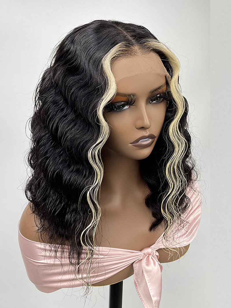 180% Density Crimped Bob 13x4 Lace Front Black Wig With Blonde Streaks In Front