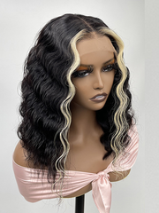 180% Density Crimped Bob 13x4 Lace Front Black Wig With Blonde Streaks In Front
