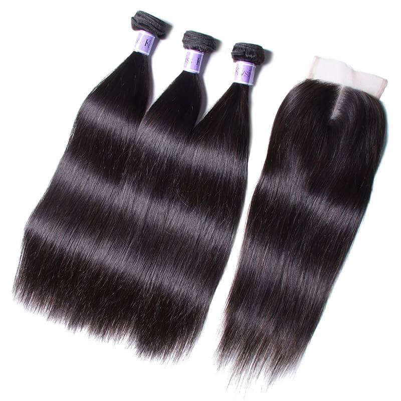 100% Malaysian Straight Virgian Hair 3 Bundles With Closure Kysiss Series