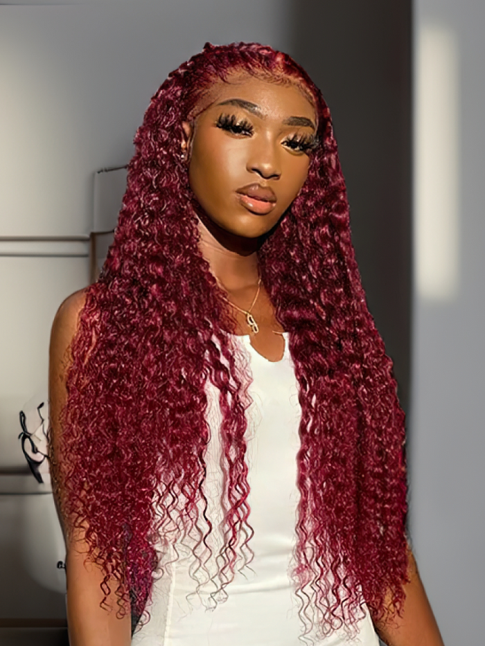 Petaluxe Red Wine Colored 99J Lace Wigs Jerry Curly Wig 4x0.75 / 13x4 Lace