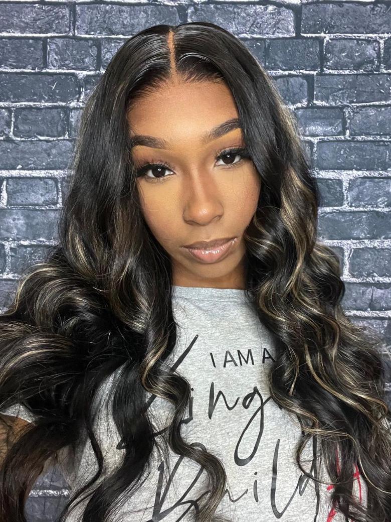Put On And Go 6x4.5 Pre-Cut Lace Black With Blonde Highlights Body Wave Wig 150% Density