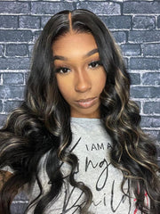 Put On And Go 6x4.5 Pre-Cut Lace Black With Blonde Highlights Body Wave Wig 150% Density