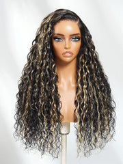 13x4 Pre-Everything? Lace Frontal Black With Light Blonde Highlights Water Wave Glueless Drawstring Wig