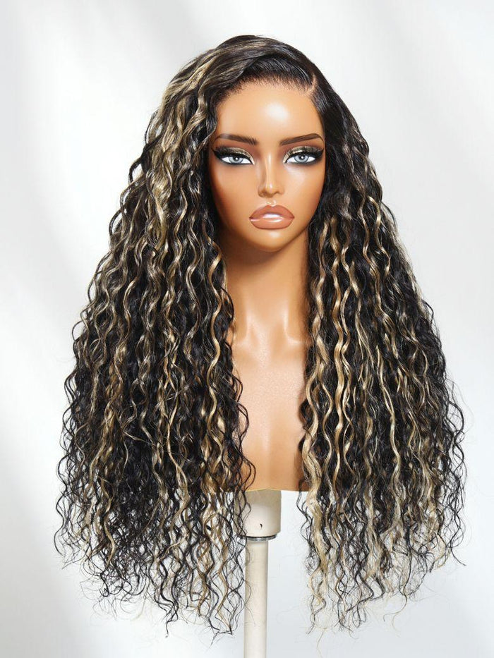 Petaluxe 13x4 Pre-Everything? Lace Frontal Black With Light Blonde Highlights Water Wave Glueless Drawstring Wig