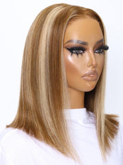 6x4.5 Pre Cut Lace Glueless Bob Wig Honey Blonde Highlights 150% Density