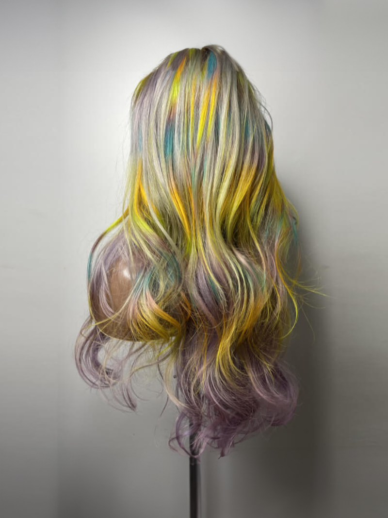 13x4 Lace Front Rainbow Color On Lavender Hair Wavy Wig