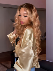20 Inch 13x4 Lace Front Peachy Blonde Body Wave Wig With Dark Roots